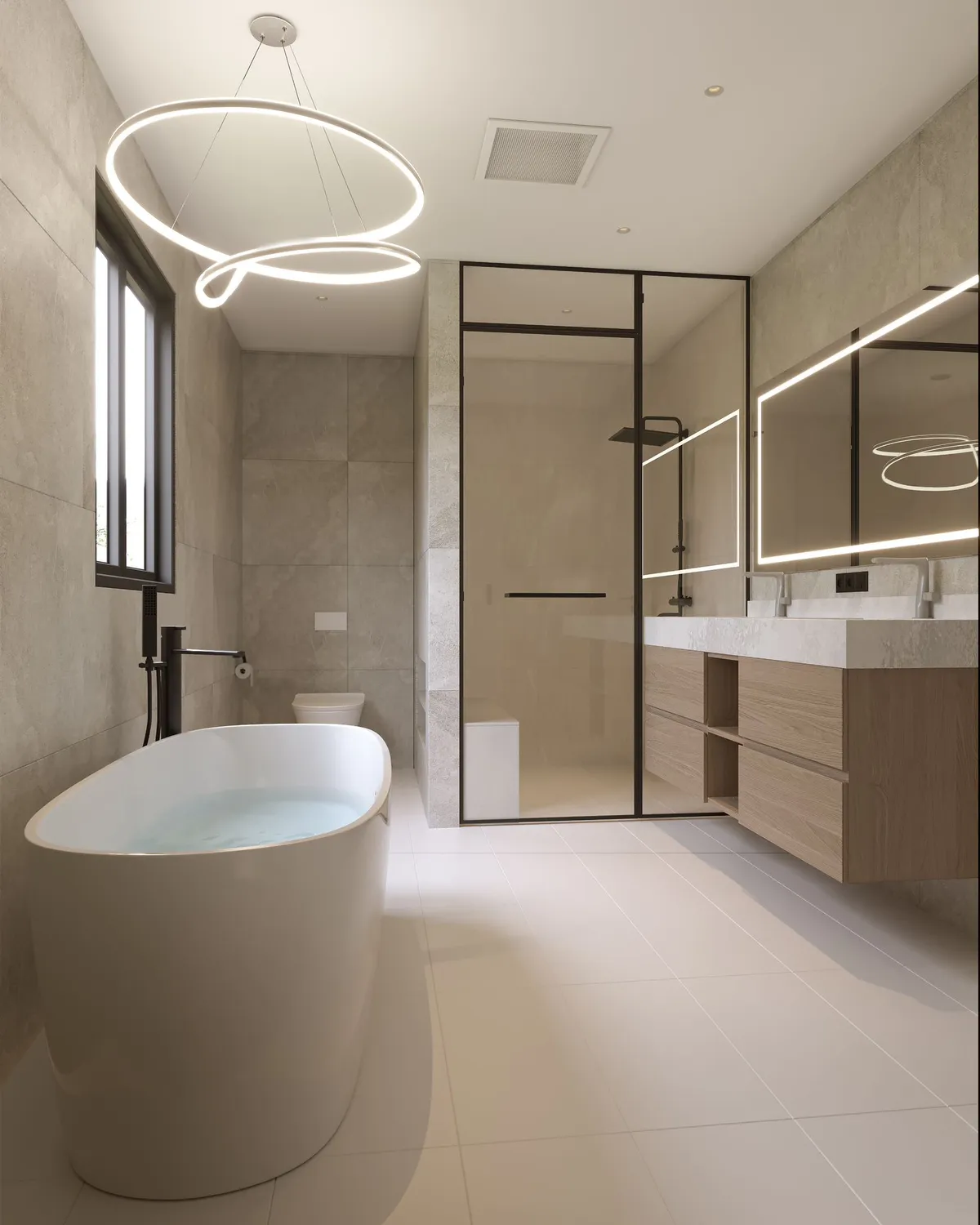 A rendered design of the ensuite: a freestanding tub, a black-framed glass shower and a ring pendant.